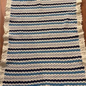 Striped Crochet Blanket in Blues and Cream scalloped edges.  Heavy yarn.